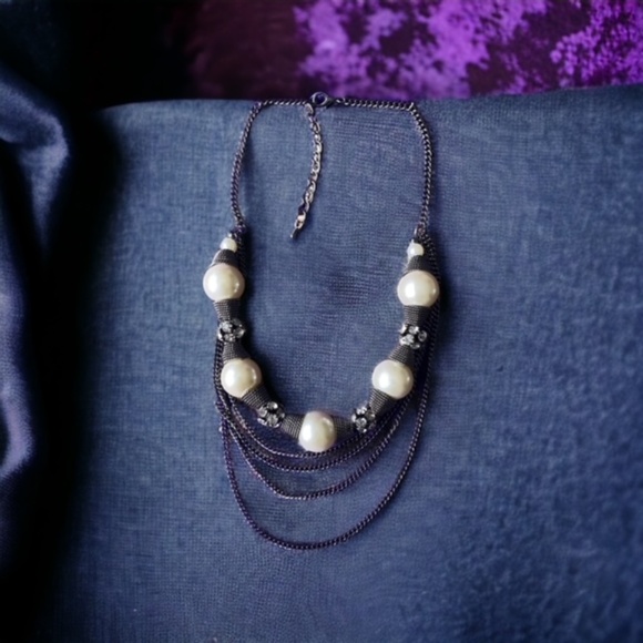 Women Multi Chain Statement Necklace Pearls and Crystals - Picture 3 of 6